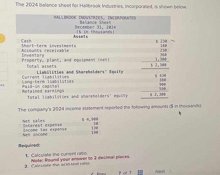 Solved The 2024 Balance Sheet For Hallbrook Industries Chegg Com   Image