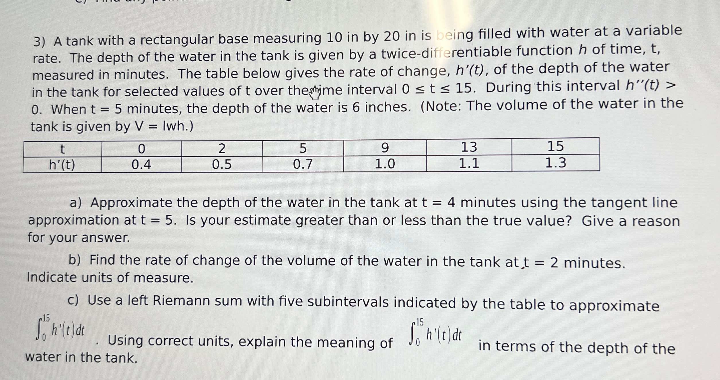 Solved A tank with a rectangular base measuring 10 ﻿in by 20 | Chegg.com