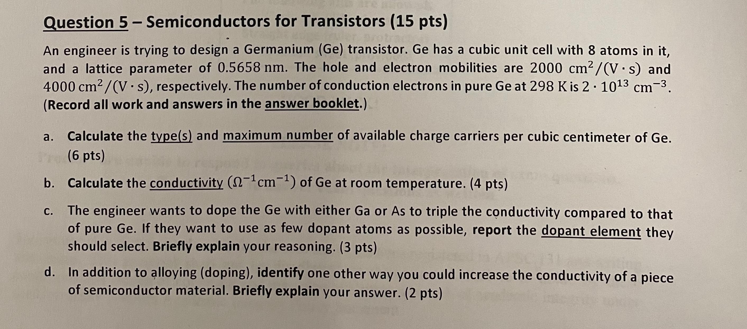 Solved Question 5-Semiconductors for Transistors (15 ﻿pts)An | Chegg.com