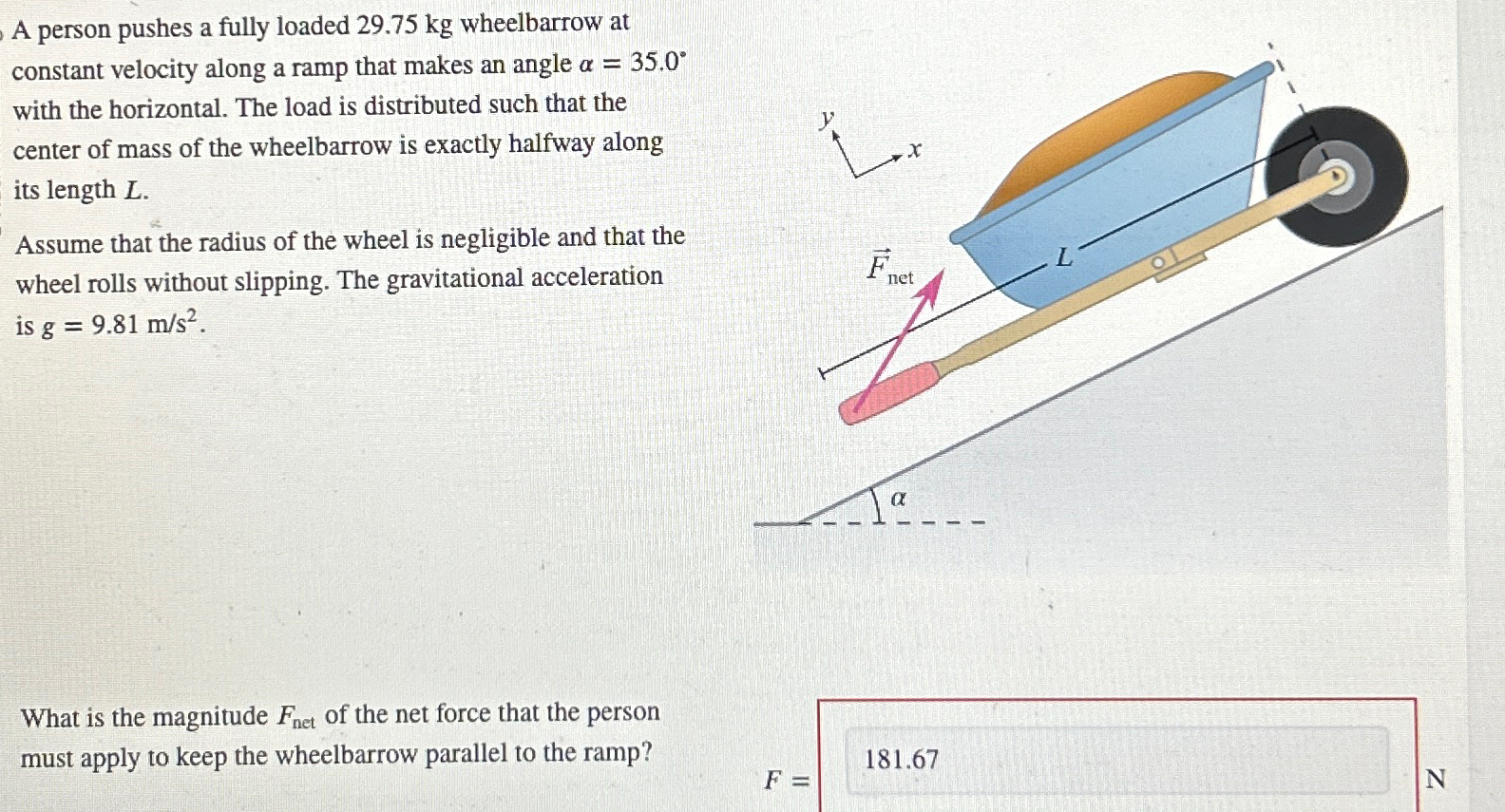Solved A person pushes a fully loaded 29.75kg ﻿wheelbarrow | Chegg.com
