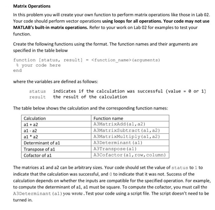 Matrix Operations In this problem you will create | Chegg.com
