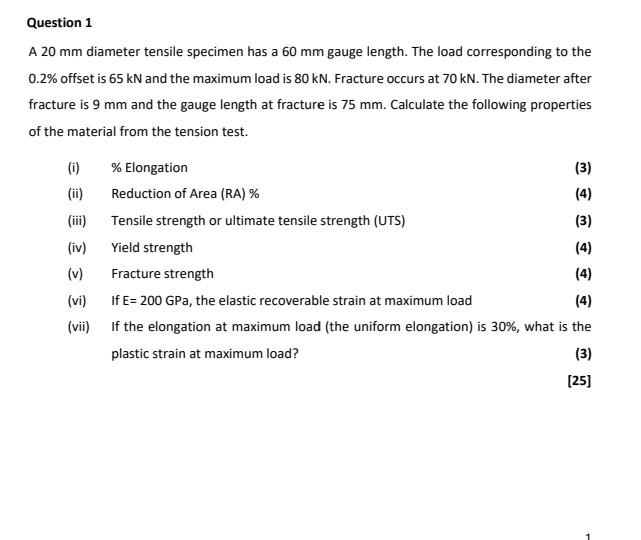 Solved Question 1 A 20 mm diameter tensile specimen has a 60 | Chegg.com