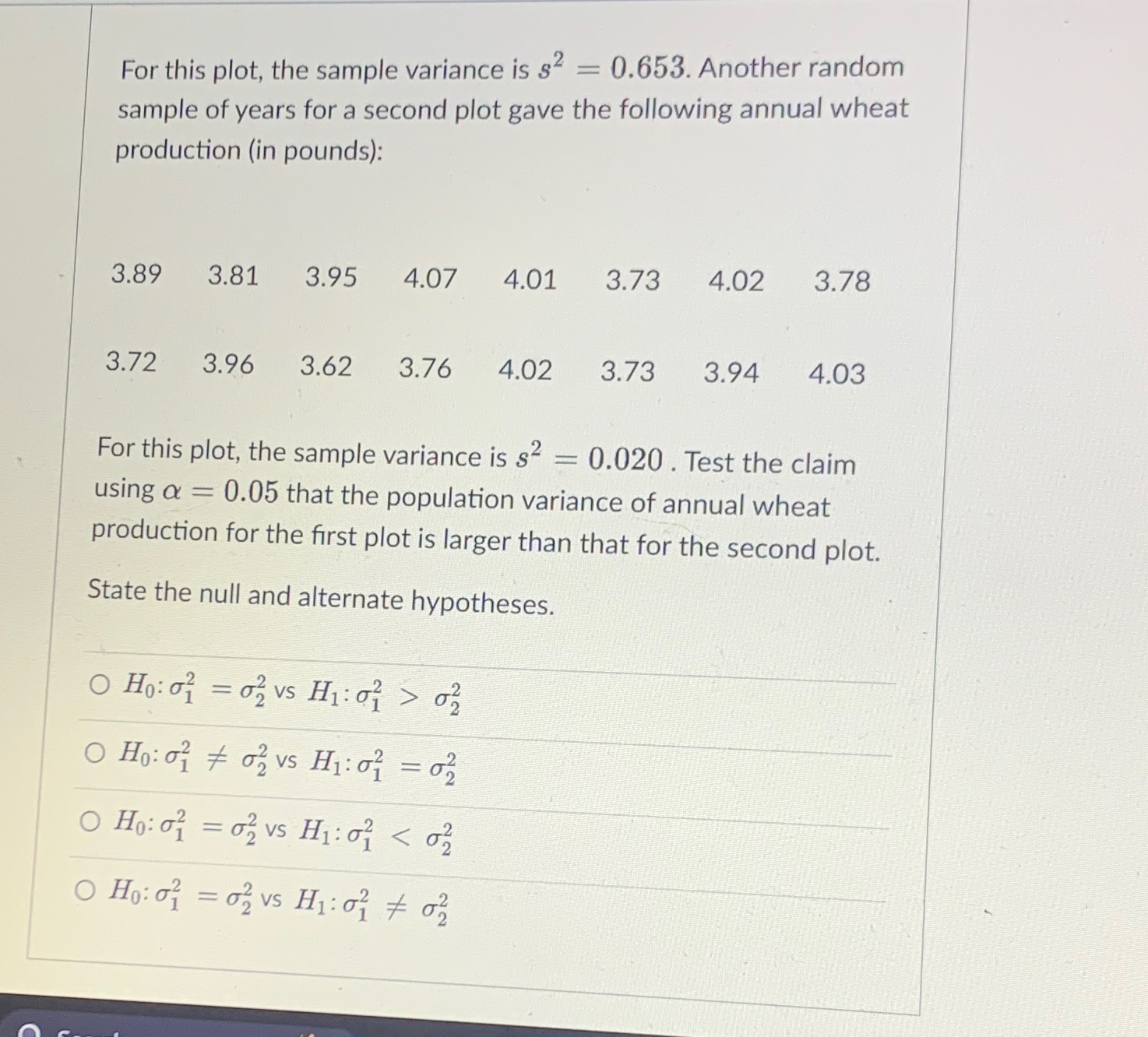 Solved For this plot, the sample variance is s2=0.653. | Chegg.com