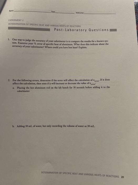Solved Name Date EXPERIMENT 2 DETERMINATION OF SPECIFIC HEAT | Chegg.com