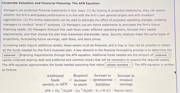 Solved Corporate Valuation and Financial Planning: The AFN | Chegg.com