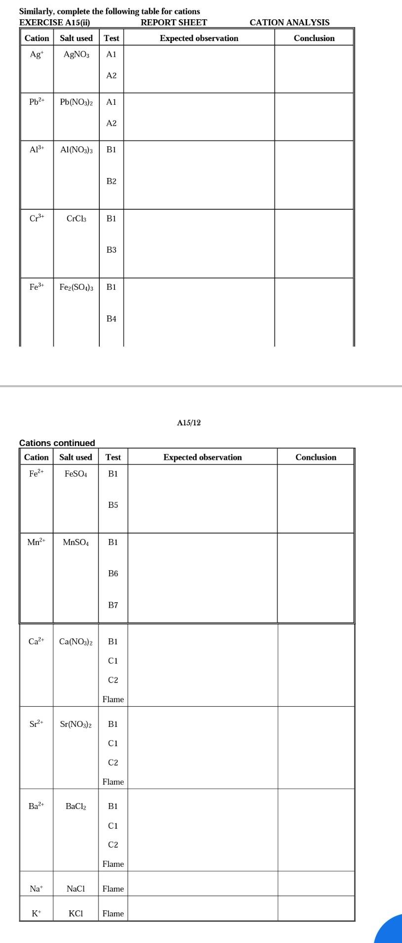 Solved CATION ANALYSIS Similarly, complete the following | Chegg.com
