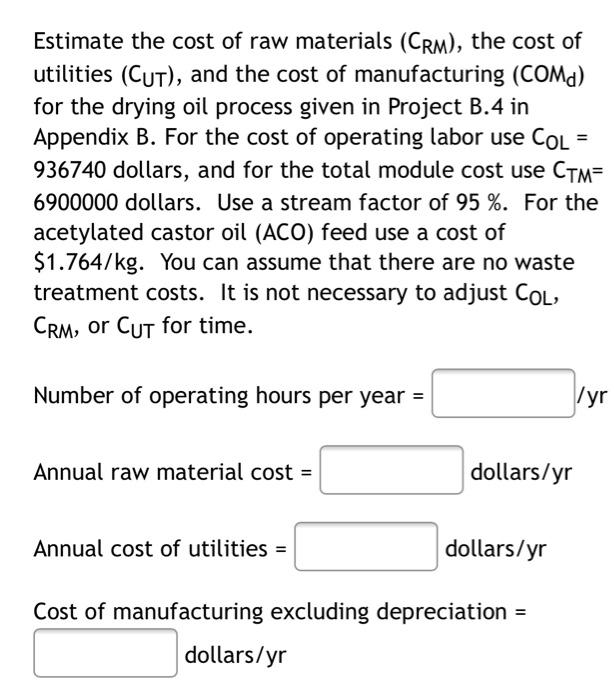 Estimate the cost of raw materials (CRM), the cost of