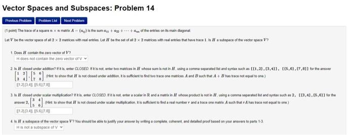 Solved Vector Spaces and Subspaces: Problem 13 Previous | Chegg.com