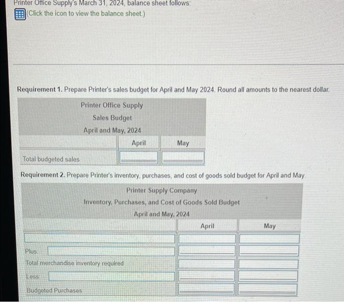 Solved Printer Office Supply's March 31, 2024, balance sheet