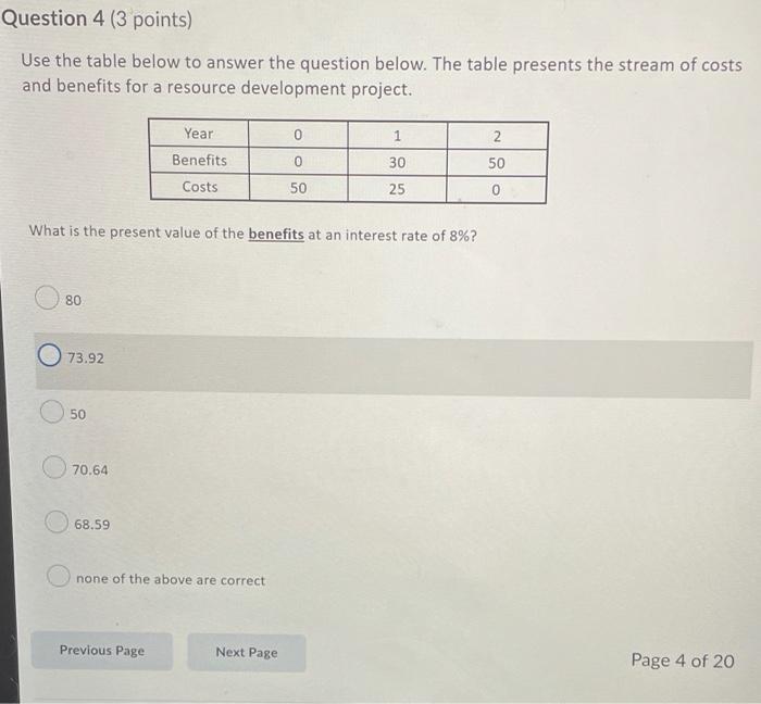 Solved Question 4 (3 points) Use the table below to answer | Chegg.com
