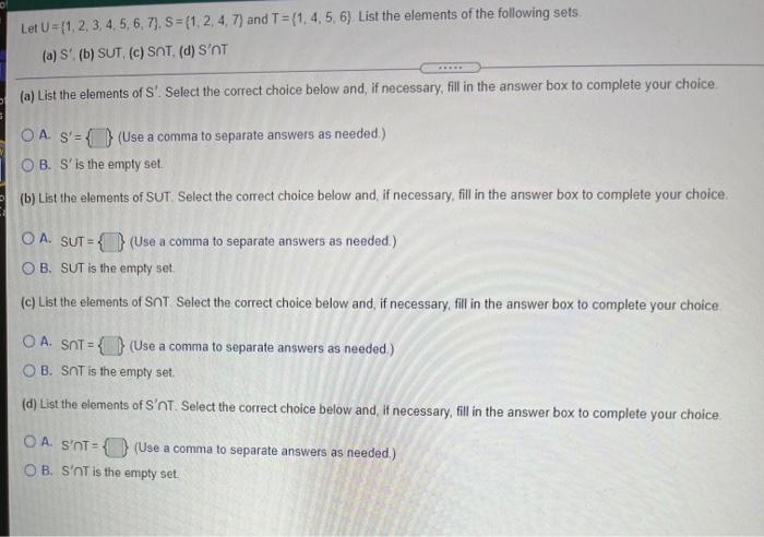 Solved Let U = {1, 2, 3, 4, 5, 6, 7). S = {1, 2, 4. 7) And | Chegg.com