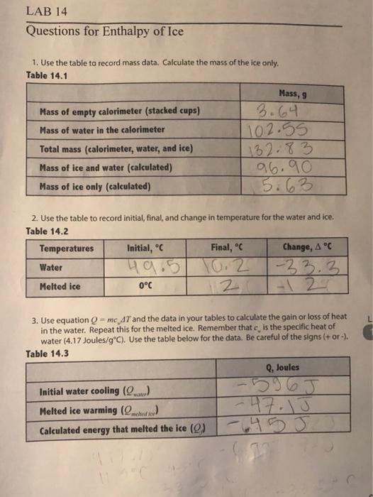 LAB 14 Questions for Enthalpy of Ice 1. Use the table