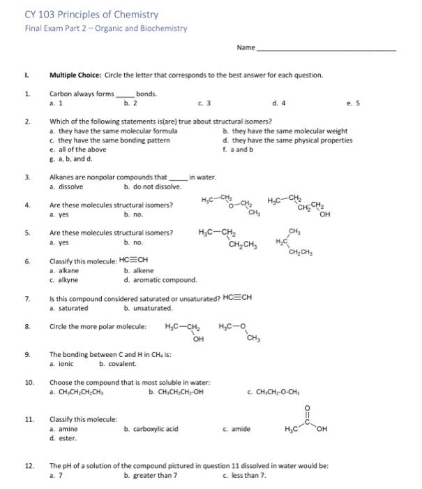 Solved CY 103 Principles of Chemistry Final Exam Part | Chegg.com