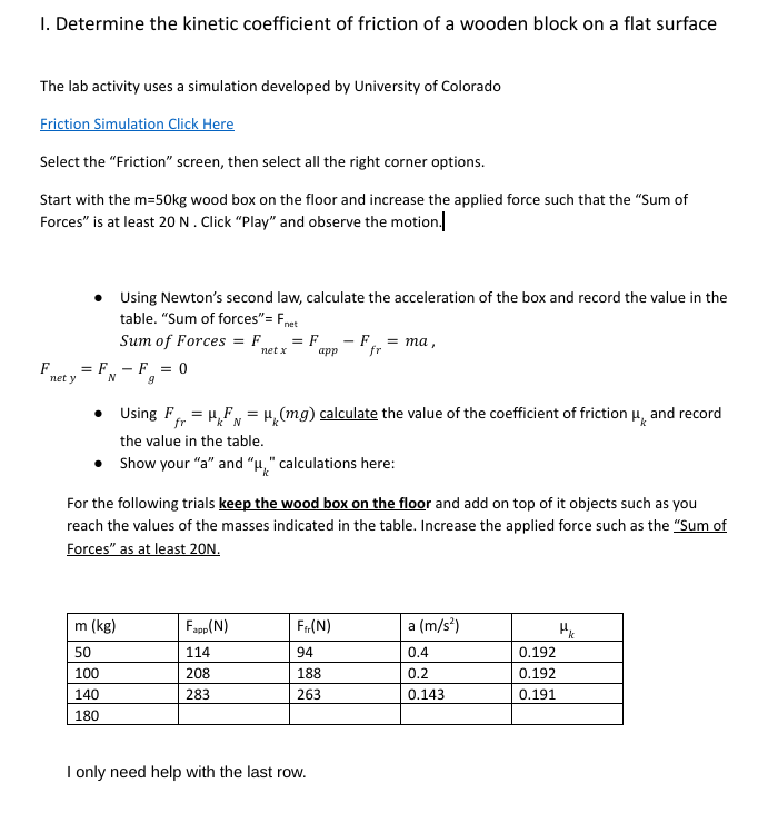 Solved I. Determine the kinetic coefficient of friction of a | Chegg.com