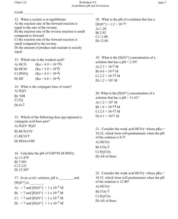 Solved Chem 112 Workshest 9.0 page 3 NAME 12. When a system | Chegg.com