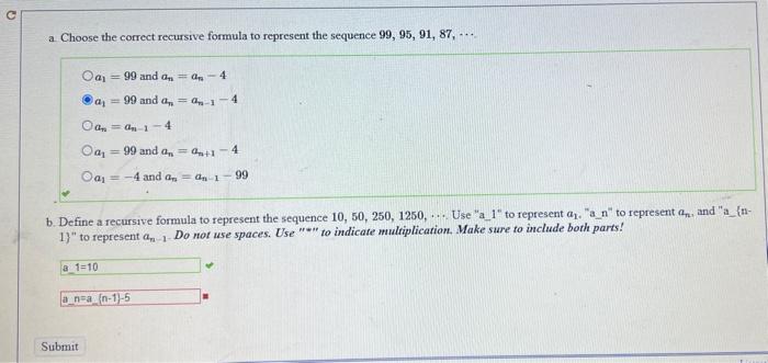 Solved a Choose the correct recursive formula to represent | Chegg.com