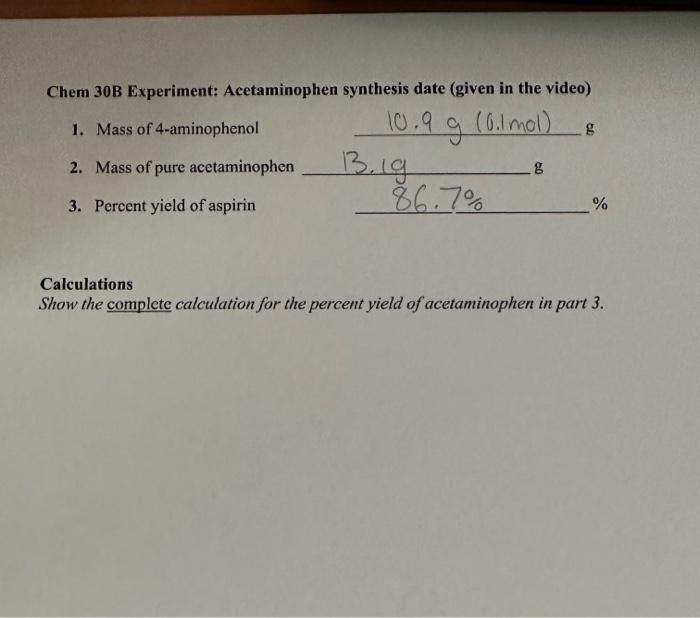 Solved Chem 30B Experiment: Acetaminophen Synthesis Date | Chegg.com