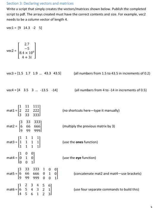 Solved Section 3: Declaring vectors and matrices Write a | Chegg.com