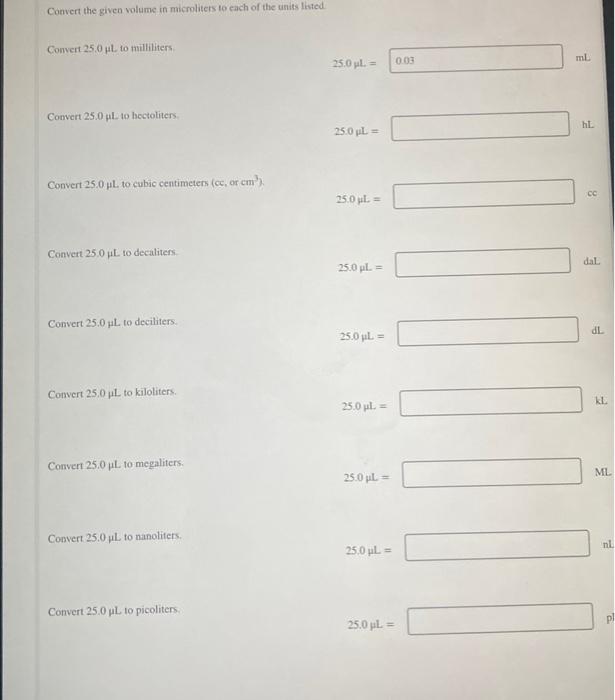 Solved Convert the given volume in micmliters to each of the | Chegg.com