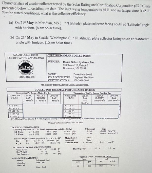 Characteristics of a solar collector tested by the | Chegg.com