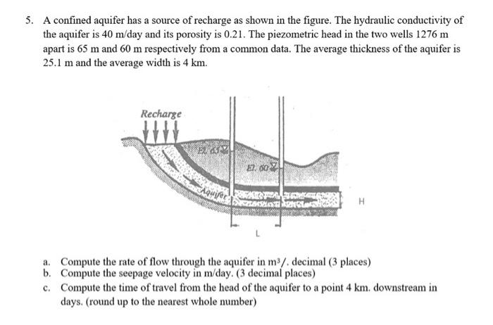 Solved 5. A confined aquifer has a source of recharge as | Chegg.com