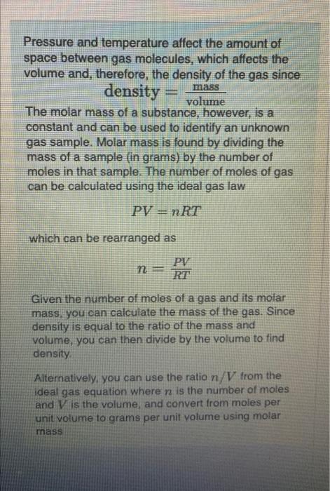 Solved density = volume mass The molar mass of a | Chegg.com
