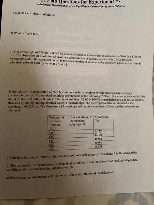 Solved FPL-lab Questions for Experiment #7 Colorimetrie | Chegg.com