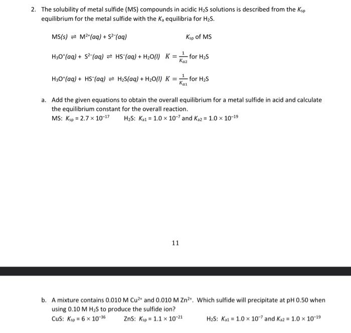 Solved 2. The solubility of metal sulfide (MS) compounds in | Chegg.com