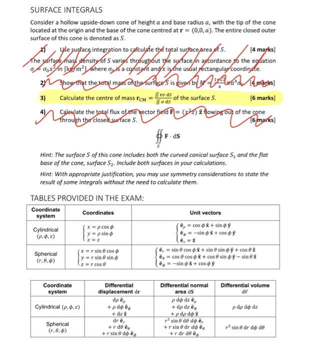 Surface Integrals Consider A Hollow Upside Down Co Chegg Com