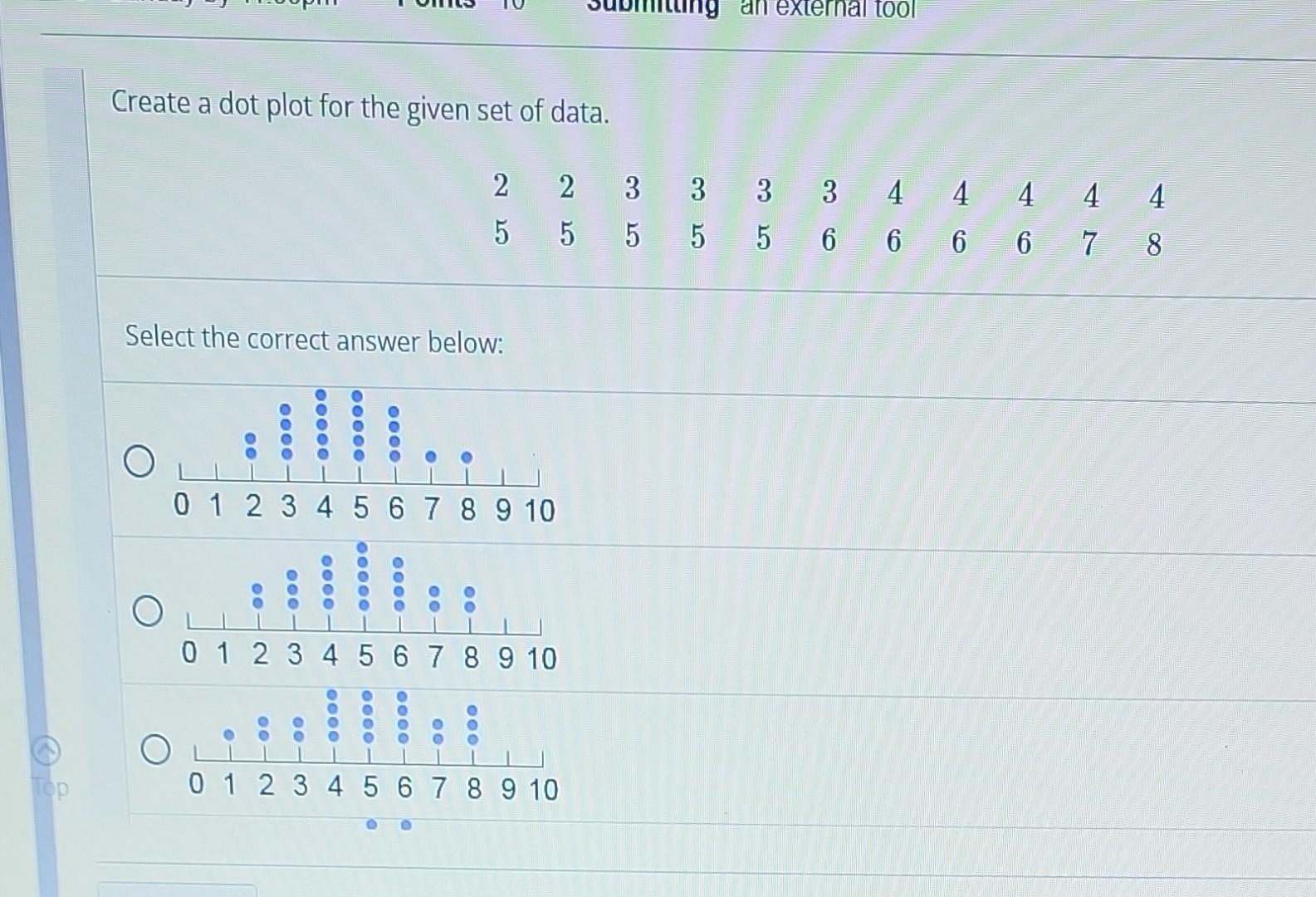 Solved Create a dot plot for the given set of data. Select | Chegg.com