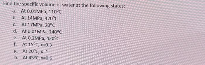 Solved Find The Specific Volume Of Water At The Following | Chegg.com