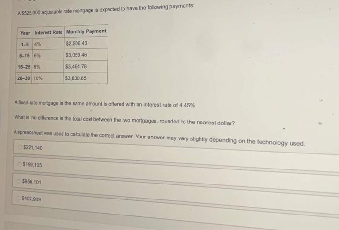 Solved A $525,000 adjustable rate mortgage is expected to | Chegg.com