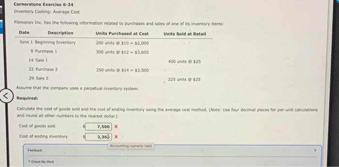 Solved Date Cornerstone Exercise 6-24 Inventory Costing: | Chegg.com