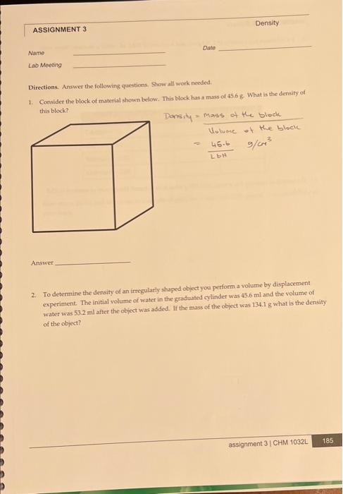 Solved ASSIGNMENT 3 Density Name Date Lab Meeting | Chegg.com