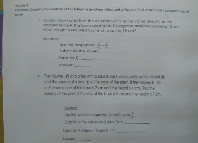 Solved Activity 3. Write an equation for the following | Chegg.com