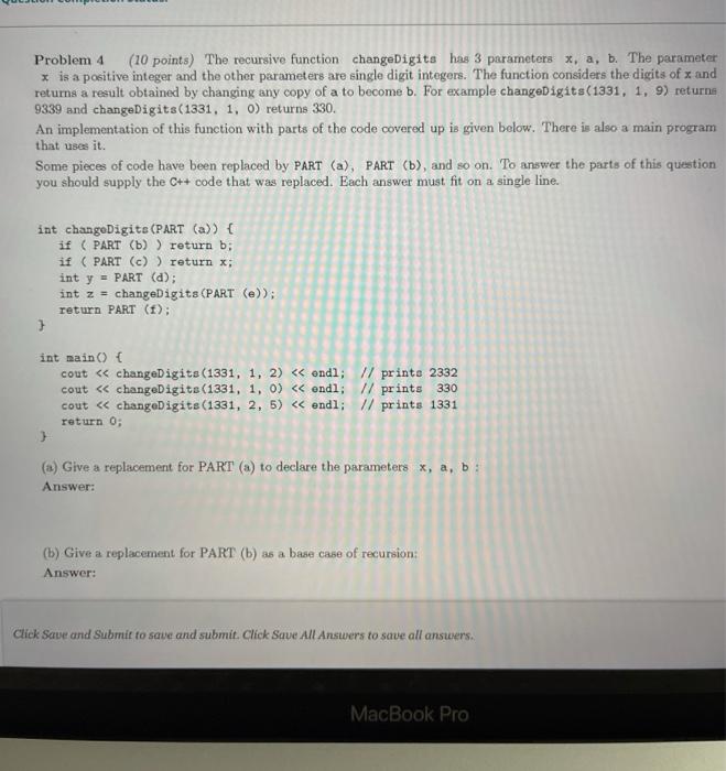 Solved Problem 4 (10 points) The recursive function | Chegg.com