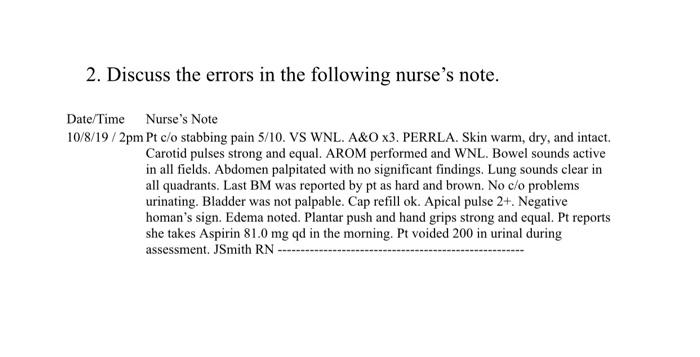 Solved 2. Discuss the errors in the following nurse's note. | Chegg.com