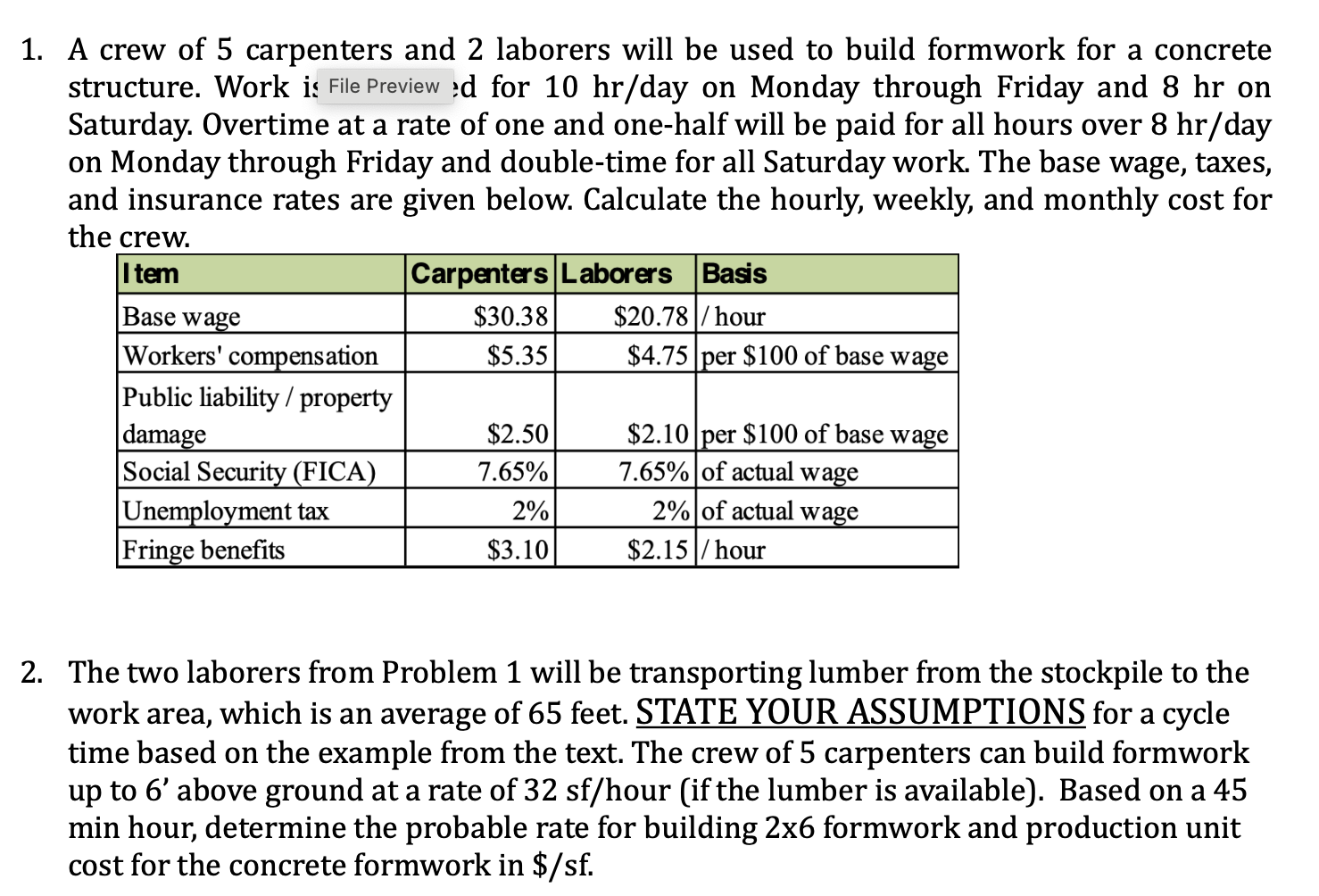 Solved A crew of 5 ﻿carpenters and 2 ﻿laborers will be used | Chegg.com