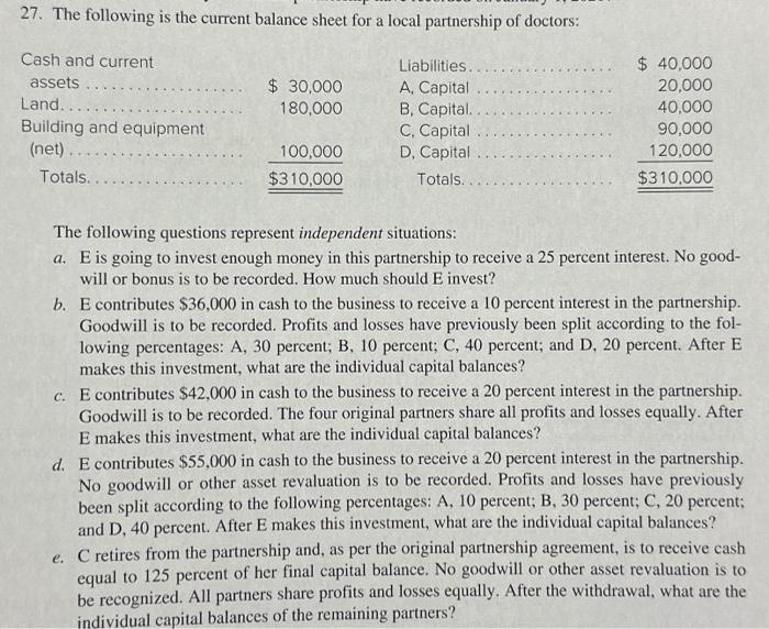 Solved 27. The Following Is The Current Balance Sheet For A | Chegg.com