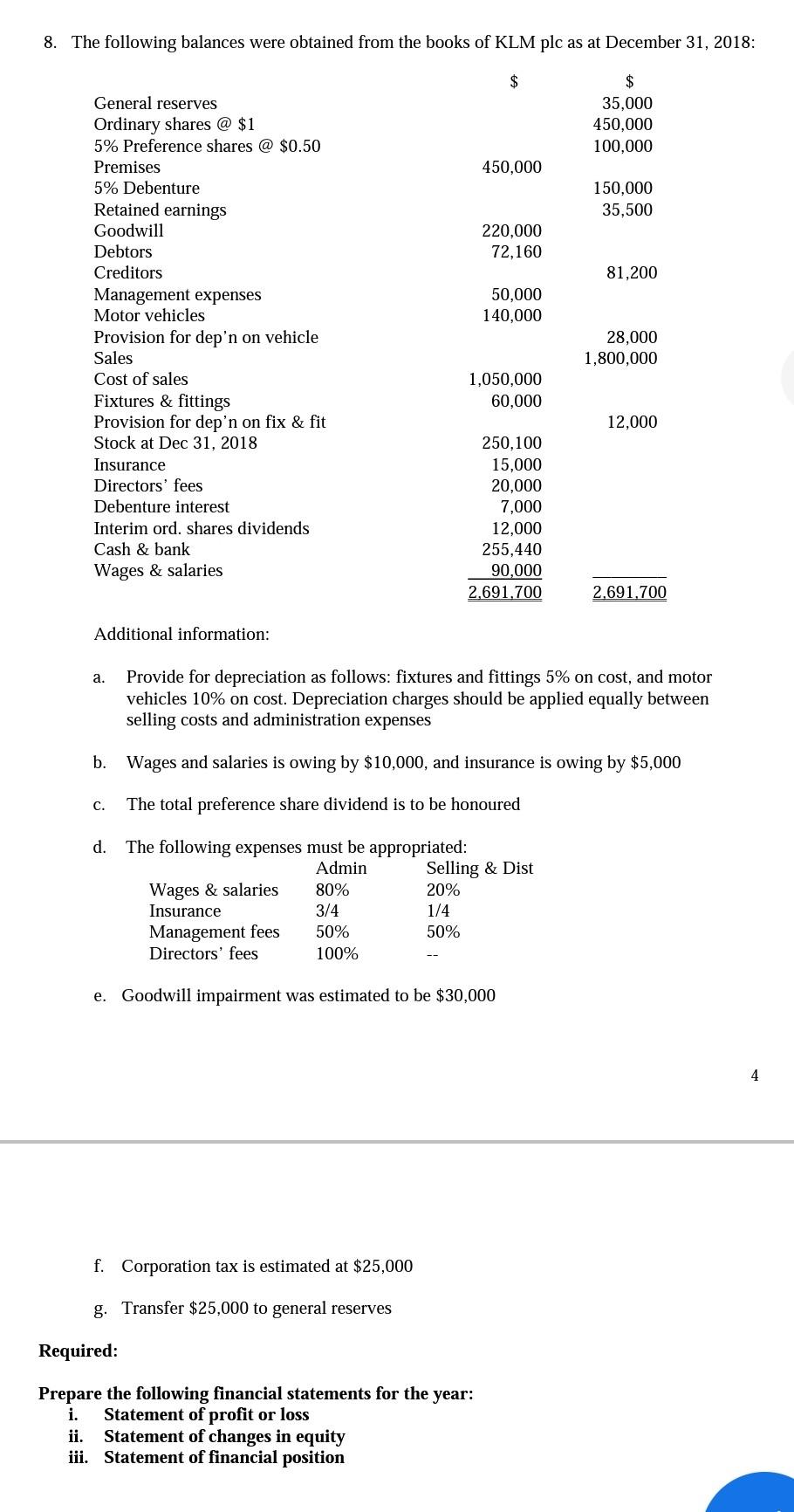 Solved 8. The Following Balances Were Obtained From The | Chegg.com