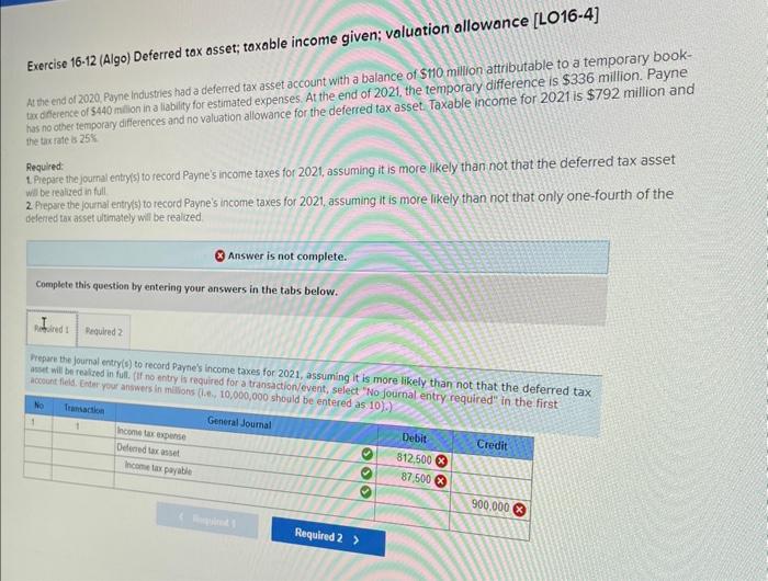 Solved Exercise 16-12 (Algo) Deferred Tox Asset; Taxable | Chegg.com