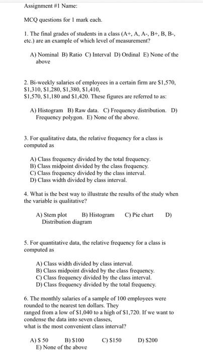 Solved Assignment 1 Name MCQ Questions For 1 Mark Each 1 Chegg