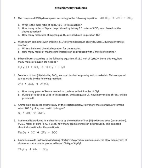 Solved Stoichiometry Problems 1. The compound KCIO; | Chegg.com