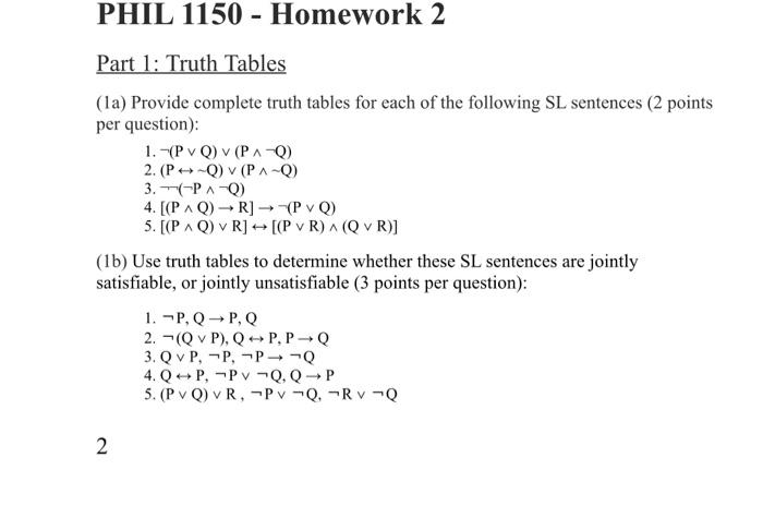 PHIL 1150 - Homework 2 Part 1: Truth Tables (la) | Chegg.com