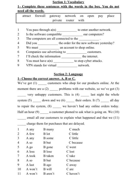 Solved Section 1: Vocabulary 1 - Complete these sentences | Chegg.com