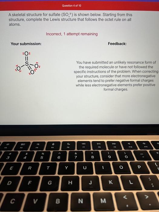 A skeletal structure for sulfate \( \left(\mathrm{SO}_{4}^{2}\right) \) is shown below. Starting from this structure, complet