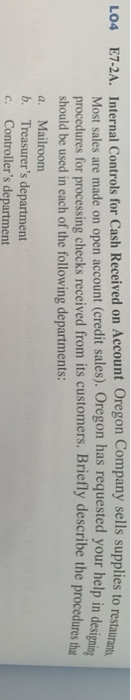 Solved L04 E7-24. Internal Controls for Cash Received on | Chegg.com