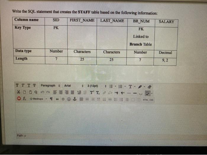 Solved Write the SQL statement that creates the STAFF table | Chegg.com