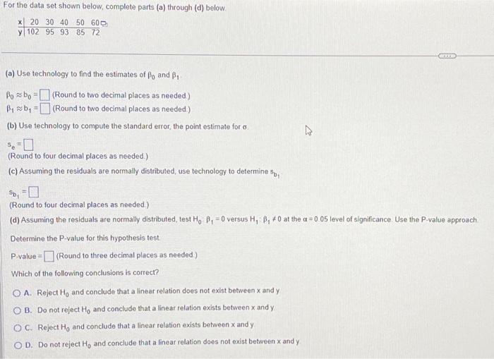 For the data set shown below, complete parts (a) | Chegg.com