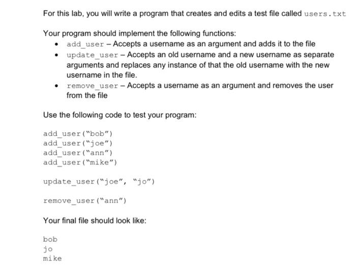 Solved For this lab, you will write a program that creates | Chegg.com